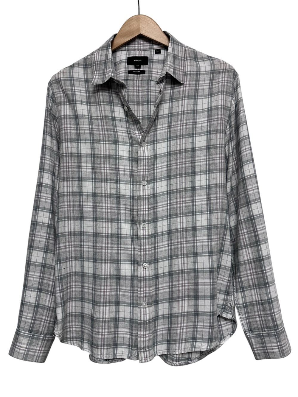 Vince Men's Classic Fit Plaid Button Down Shirt Grey White Cotton Blend Medium